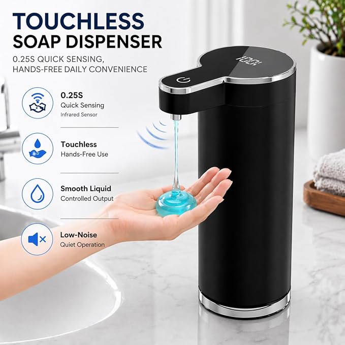 Automatic Liquid Soap Dispenser Touchless, Stainless Steel Hand Soap Dispenser, USB Rechargeable, 4 Adjustable Levels, 11.8oz/350ml for Kitchen and Bathroom (Black, Liquid)