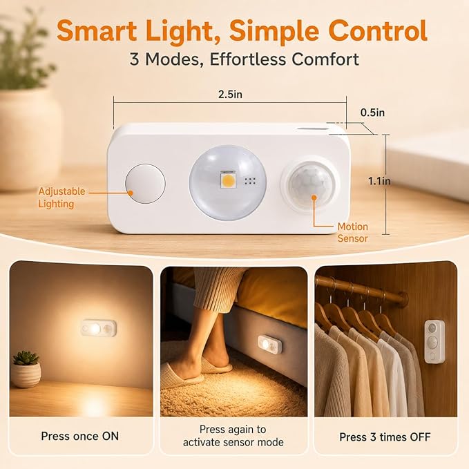 LightingWill LED Motion Sensor Puck Lights, Rechargeable Under Cabinet Lights, Stick on Wireless Night Lights, Dimmable Closet Lights for Drawer, Shelf, Hallway, Stairs, Warm White, 8 Pack