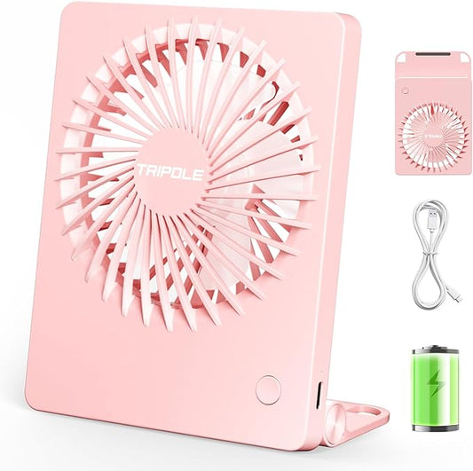 TriPole Mini Portable Desk Fan Rechargeable Ultra Quiet Small Fan 4.5 Inch Personal Travel Fan with 180° Tilt Folding and 3 Speeds Adjustable for Office Desktop Bedroom (Pink)