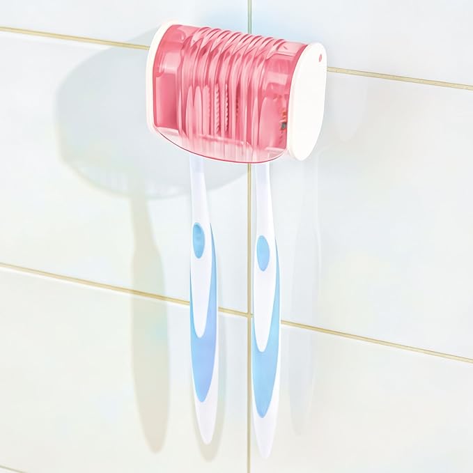 1 Pack Toothbrush Holder Wall Mounted with Cover for Bathroom, 2 Slots Toothbrush Storage Organizer for Shower, Self Adhesive Toothbrush Hanger (Pink)