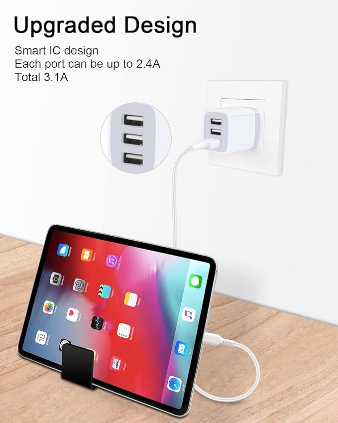 USB Charger Cube, Wall Charger Plug, AILKIN 3.1A 3-Muti Port USB Adapter Power Plug Charging Station Box Base for iPhone 17 16 15 14 13 12 Pro Max Mini SE 11 Pro Max Samsung Phones Charging Block