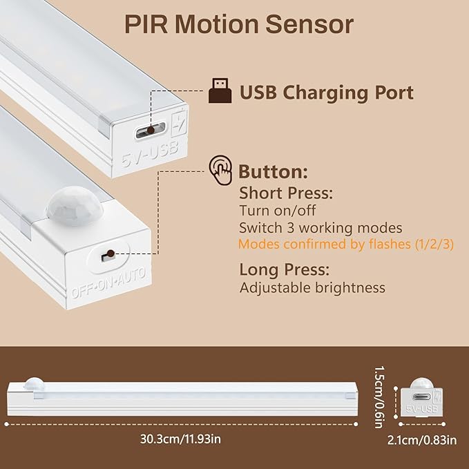 DWEPTU Rechargeable Motion Sensor Light Indoor, 12” LED Under Cabinet Lighting with 3 Modes & Memory Dimming, Stick On Lights for Closet, Kitchen, Hallways (2 Pack)