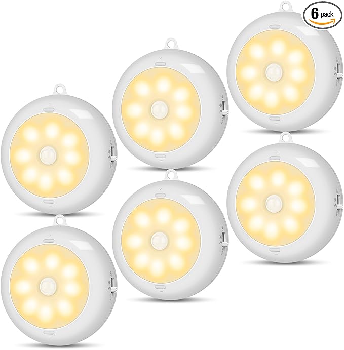 Reoshine Under Cabinet Lighting, LED Puck Lights AA Battery Operated, Closet Lights Motion Sensored for Kitchen, Shelf, Dimmable & Magnetic, 3000K Warm White (6 Pack)
