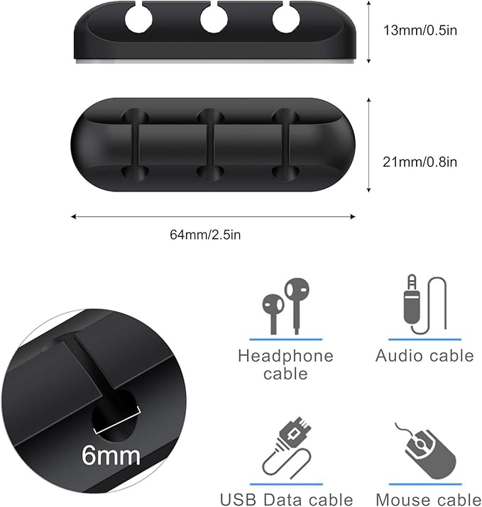 SOULWIT Cable Holder Clips, 3-Pack Cable Management Cord Organizer Clips Silicone Self Adhesive for Desktop USB Charging Cable Nightstand Power Cord Mouse Cable Wire PC Office Home - Black