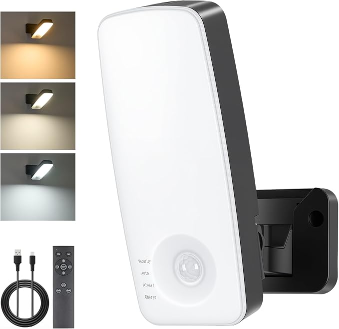 Motion Sensor Outdoor Lights, 10000mAh Rechargeable Battery Operated Outdoor Wall Lights with Remote, 3 Modes, 3CCT Dimmable, IP65 Waterproof Outdoor Security Lights for Garage, Yard, Fence(1 Pack）