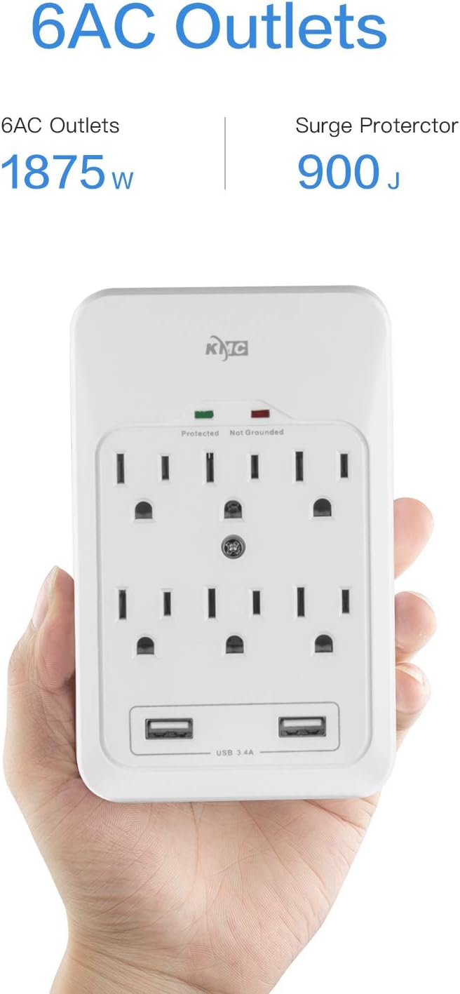 KMC 6-Outlet Surge Tap, 2 USB Ports (3.4A), 980 Joules Surge Protector, White