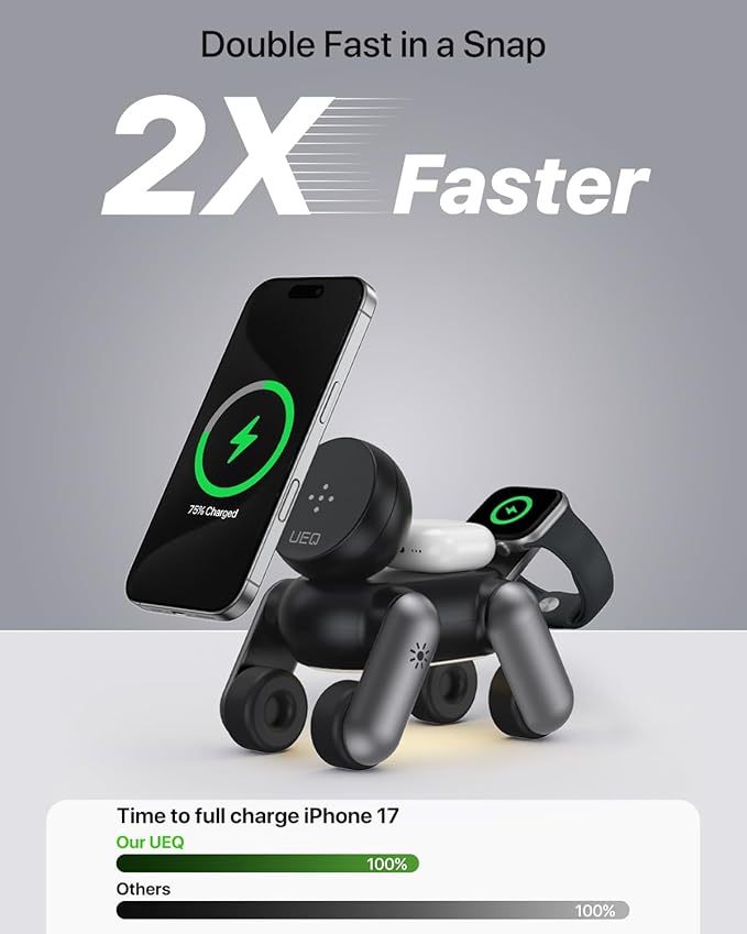 UEQ 3 in 1 Wireless Charging Station for Apple Devices,Foldable Cute Magnetic Mag-Safe Wireless Charger Stand with Night Light for iPhone 17 Air 16 15 14 13 12 Series,AirPods 4 3 2 Pro,Apple Watch