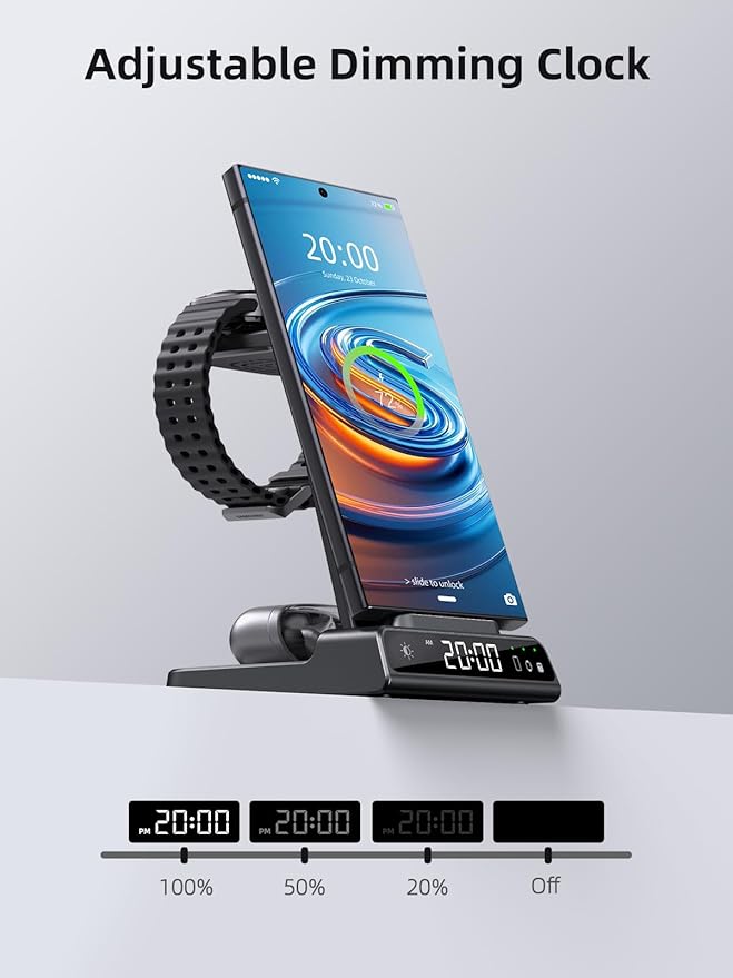 Wireless Charger for Samsung Charging Station: 3 in 1 Android Charging Stand with Dimmable Clock - Nightstand Organizer for Galaxy S25 Ultra, Galaxy Watch 8 7 6 5 4, Galaxy Buds (Not for iWatch)