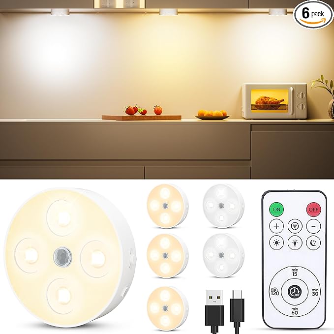 Under Cabinet Lighting, 1500mAh Rechargeable Motion Sensor Puck Lights with Remote, 3 Color Temper, Magnetic Stick on Light, Dimmable Under Counter Lights for Kitchen, Shelf, Closet, Stair, 6Pack
