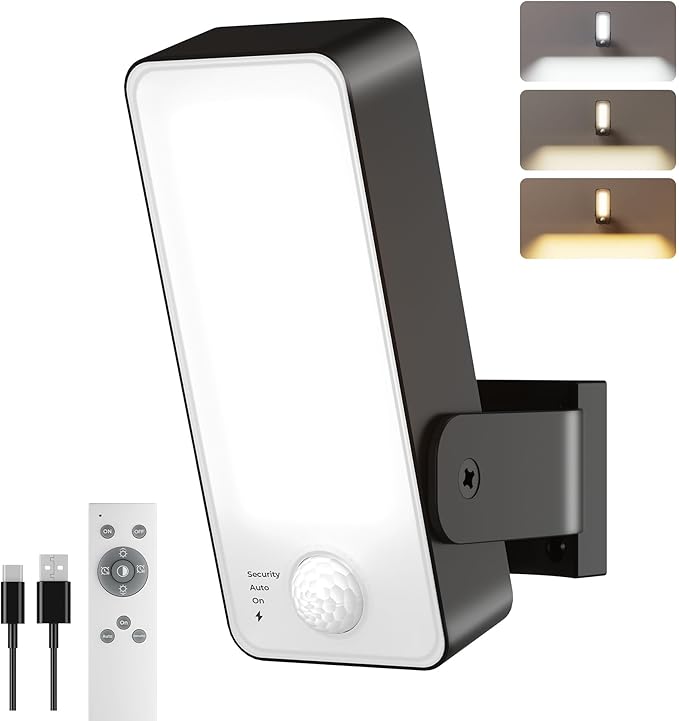 PopoIron Battery Operated Motion Sensor Outdoor Light, 10000mAh Rechargeable Security Light with Remote, 3 Modes with Red Alert, Dimmable & 3CCT, Waterproof Outdoor Light for Porch Garage Backyard