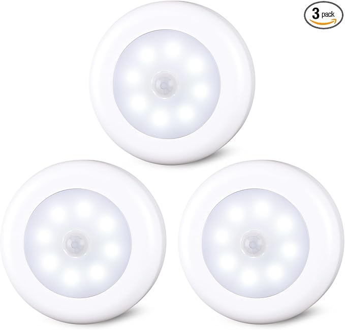 STAR-SPANGLED 3 Pack 3.1” Motion Sensor Lights Indoor AA Battery Operated, Stick on LED Puck Light for Closet, Stairs, Under Cabinet, Kitchen, Cool White