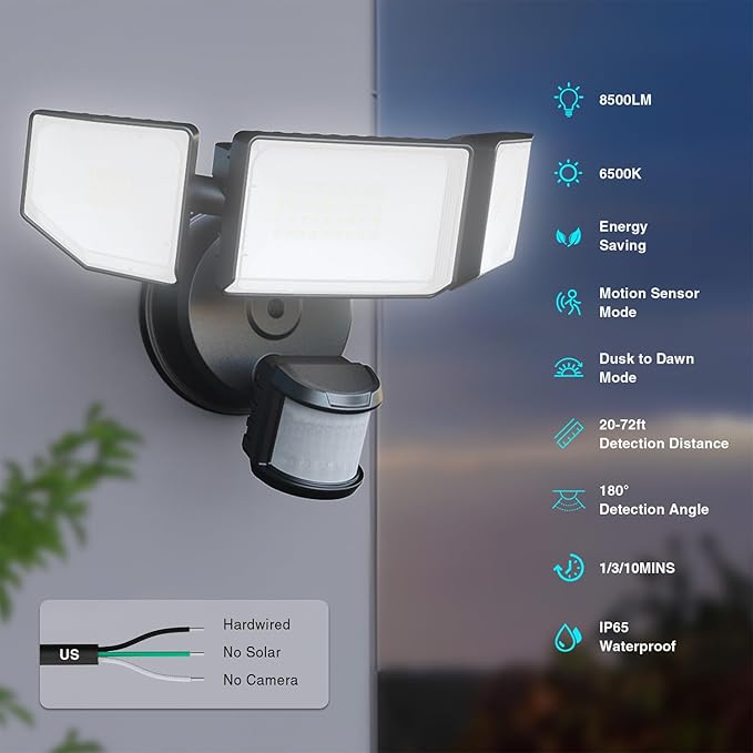 Abovizo 85W Motion Sensor Outdoor Light, 8500LM Ultra-Bright LED Security Light with 3 Adjustable Heads, IP65 Waterproof Dusk to Dawn Flood Light for Garage, Yard, and Driveway, 6500K Daylight, Black