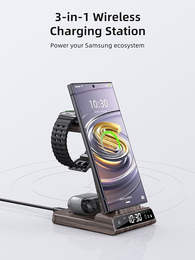 Wireless Charger for Samsung Charging Station: 3 in 1 Android Charging Stand with Dimmable Clock - Nightstand Organizer for Galaxy S25 Ultra, Galaxy Watch 8 7 6 5 4, Galaxy Buds (Not for iWatch)