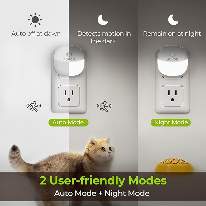 AUVON Plug in Night Light with Motion Sensor and Dusk to Dawn Sensor, Mini Cool White LED Nightlight with 1-50 lm Adjustable Brightness for Bathroom, Hallway, Stairs, Bedroom, Kitchen, 4 Packs