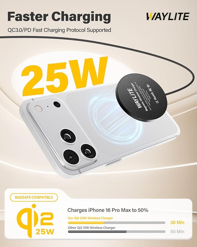 25W Wireless Charger for MagSafe, Qi2.2 Magnetic Fast Charging Pad for iPhone 17/16/15/14/13/12 Series & AirPods, Strong Magnet, Thin & Portable Wireless Charger for Travel Home Office(Black, 4FT)