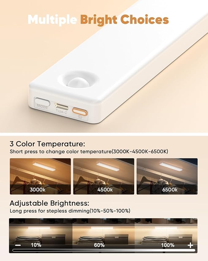 Under Cabinet Lighting, 3 Color Temperatures Motion Sensor Light Indoor 2 Pack, USB Rechargeable Battery Operated Closet Lights, Wireless Dimmable LED Cabinet Lights, Under Counter Light for Kitchen