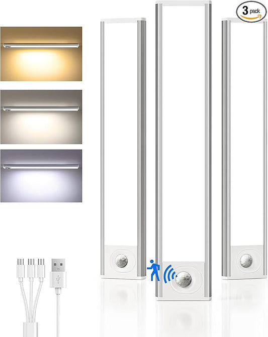 10inch Under Cabinet Lighting Wireless, 3-Pack Rechargeable Battery Motion Sensor Light Indoor, LED Closet Lights USB Charging,3 Color Dimmable Under Cabinet Lights for Kitchen, Cabinet, Wardrobe