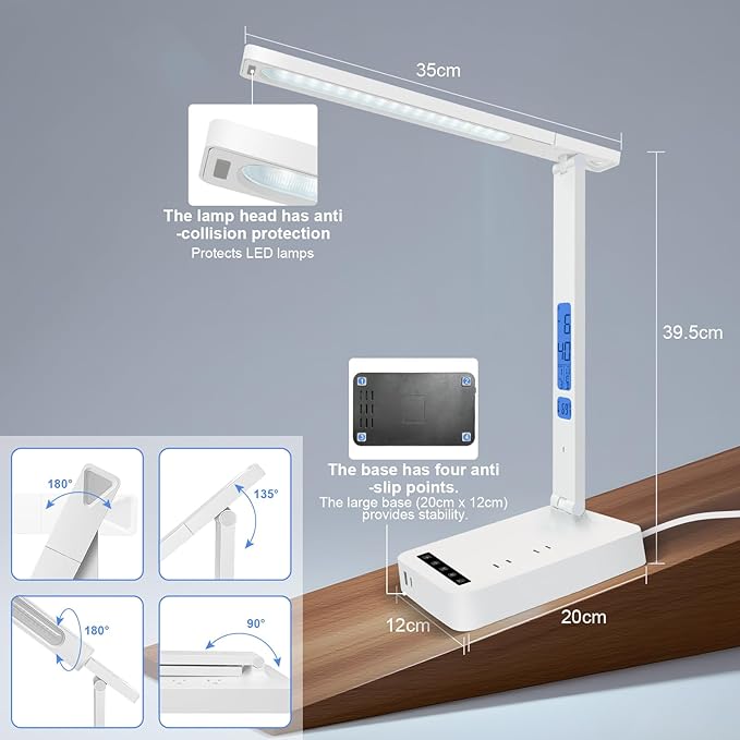 karidi Smart Desk Lamp with Digital Clock, 4-in-1 Charging Station (2 AC Outlets, Type-C, USB-A Ports), Temperature Display, 5 Color & Brightness Settings, Ideal for Offices & Bedrooms