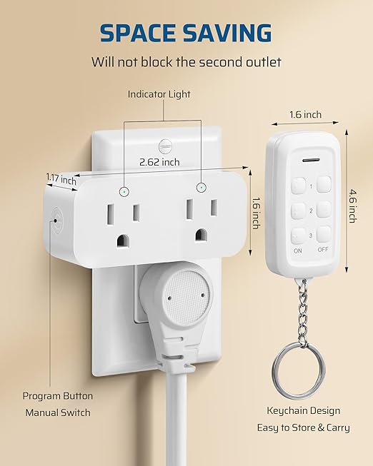 DEWENWILS Wireless Remote Control Outlet, 2 Independent Control Sockets Electrical Remote Light Switch, No Interference Remote Outlet Switch, No Wiring, 15A/1875W, 100 FT Range