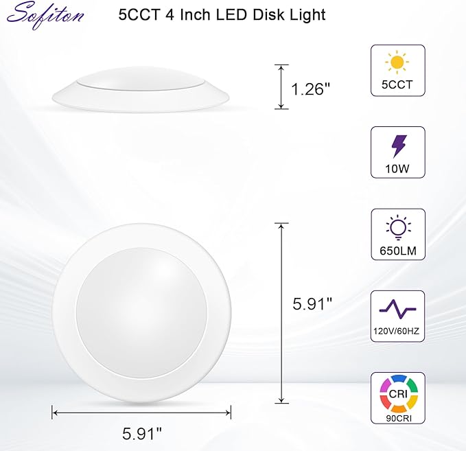 6-Pack 4 Inch Disk Lights, 2700K-5000K Adjustable, 10W, 650LM, CRI 90+, Dimmable 10%-100%, Wet Rated, Surface Mount LED Ceiling Light for Bathroom Kitchen, ETL Listed