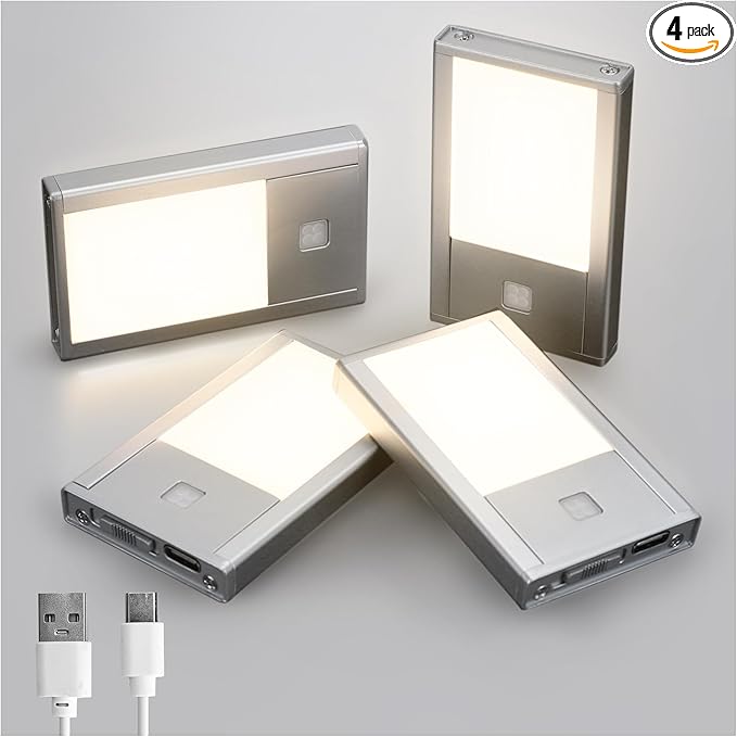 V4light Rechargeable Motion Sensor Night Lights, 4-Pack - Painted Grey Aluminum Alloy, Ultra-Compact Magnetic Mount, 3000K Warm White Glow, Ideal for Hallways, Bedrooms, Stairs & Nightly Use