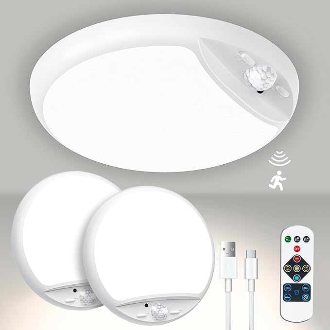Rechargeable Motion Sensor Light with Remote,7.5inch 600LM 10000mAh Battery Powered Ceiling Light Motion Sensor Battery Operated Lights indoor,Battery Pir Light for Loft Garage Hallway Bathroom-2Pack