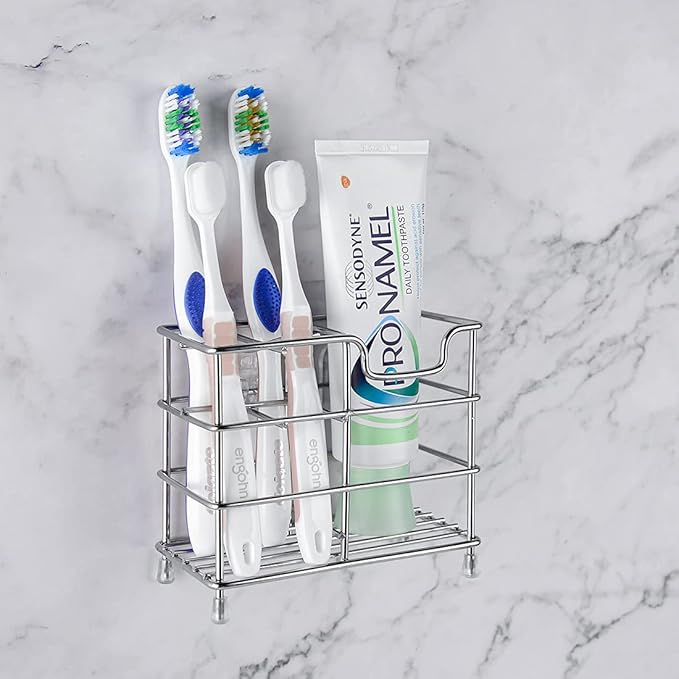 Linkidea Wall Mount Toothbrush Holder for Bathroom, Stainless Steel Stand for Electric Toothbrush, Toothpaste, Razor, Self Adhesive/Countertop 5 Slots Organizer (Chrome)