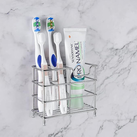 Linkidea Wall Mount Toothbrush Holder for Bathroom, Stainless Steel Stand for Electric Toothbrush, Toothpaste, Razor, Self Adhesive/Countertop 5 Slots Organizer (Chrome)