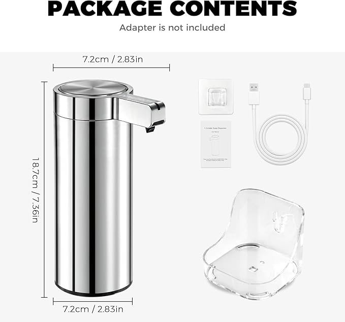 Touchless Automatic Soap Dispenser Wall Mount Stainless Steel with Sensor Infrared 9 oz Electric IPX5 Waterproof USB-C Charging Motion Sensor for Kitchen & Bathroom (Chrome Silvery)