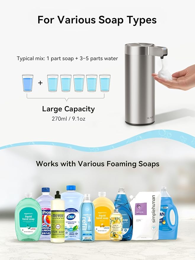 SUNLY Automatic Foaming Soap Dispenser Touchless – Clog-Free Pump, 0.2s Fast Sensor, USB-C Rechargeable, Smudge-Resistant Stainless Steel, for Kitchen & Bathroom Soap Dispenser