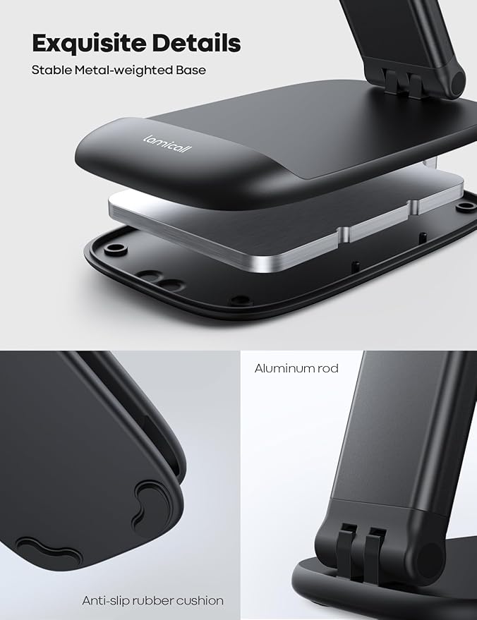 Lamicall Cell Phone Stand for Desk - [Height Adjustable] Foldable Mobile Phone Holder, Portable Stand for iPhone 17 16 15 14 13 12 11 Pro Max Plus Air, Galaxy S25, Office Gift, Telephone Accessories