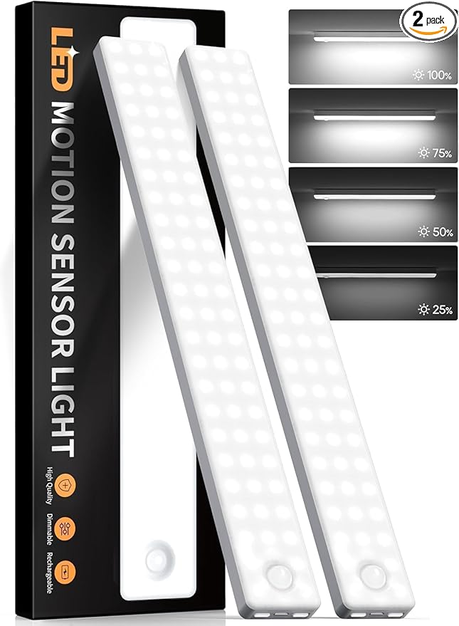 Auxoda Under Cabinet Lighting, 2 Pack Motion Sensor Light Indoor, Rechargeable Closet Lights Battery Operated, LED Lights for Bedroom, Wireless Dimmable Cabinet Lights