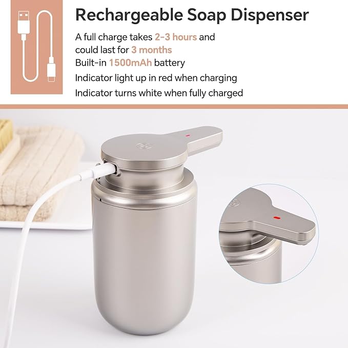 LAOPAO Automatic Soap Dispenser, Liquid Hand Soap Dispenser for Bathroom Kitchen Rechargeable Touchless Hand Soap Pump, 10oz