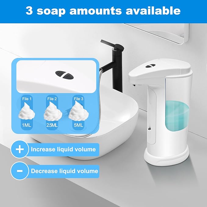 Automatic Liquid Soap Dispenser Touchless 12.5oz/370ml 3 Level Adjustable Infrared Sensor Battery Operated Water Resistant Hand Sanitizer Pump Dispenser for Bathroom Countertop Kitchen Sink