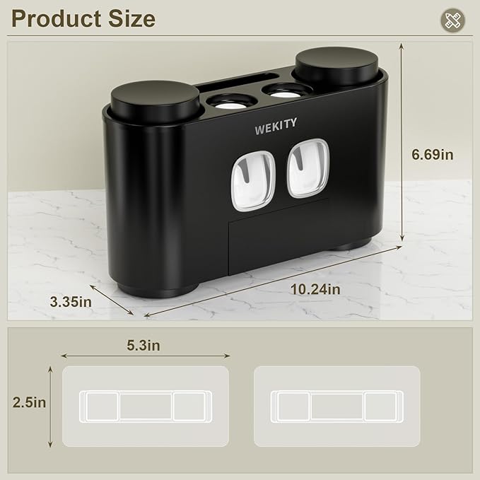 Toothbrush Holder Multi-Function Wall-Mounted, Automatic Toothpaste Dispenser & Dust-Proof Toothbrush Holder with 5 Brush Slots 4 Cups 2 Automatic Toothpaste Dispensers 1 Storage Slot (Black)