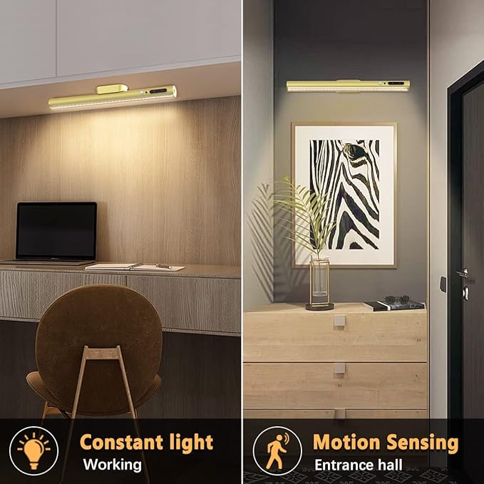 Battery Powered Operated Wall Strip Lights, Motion Sensor LED Light Bar Indoor, Rechargeable Magnetic Under Cabinet Lighting Wireless with Remote Control for Picture Closet Room – Gold