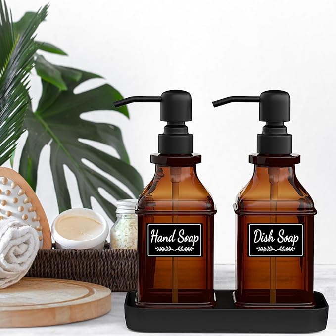 LMQML Soap Dispenser - 2 Pack, Antique Design Thick Amber Glass Hand Soap Dispensers with Sturdy Tray; 304 Rust Proof Stainless Steel Black Pump, 12Pcs Stickers, for Kitchen, Bathroom- Black