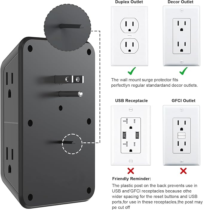 JcBlaon 3 Pack Outlet Extender Surge Protector, 6 Outlet Splitter with 4 USB Ports (2 USB C),1050J 3-Sided Multi Plug Wall Outlet, USB Wall Charger for Home Office Kitchen Travel（Black）