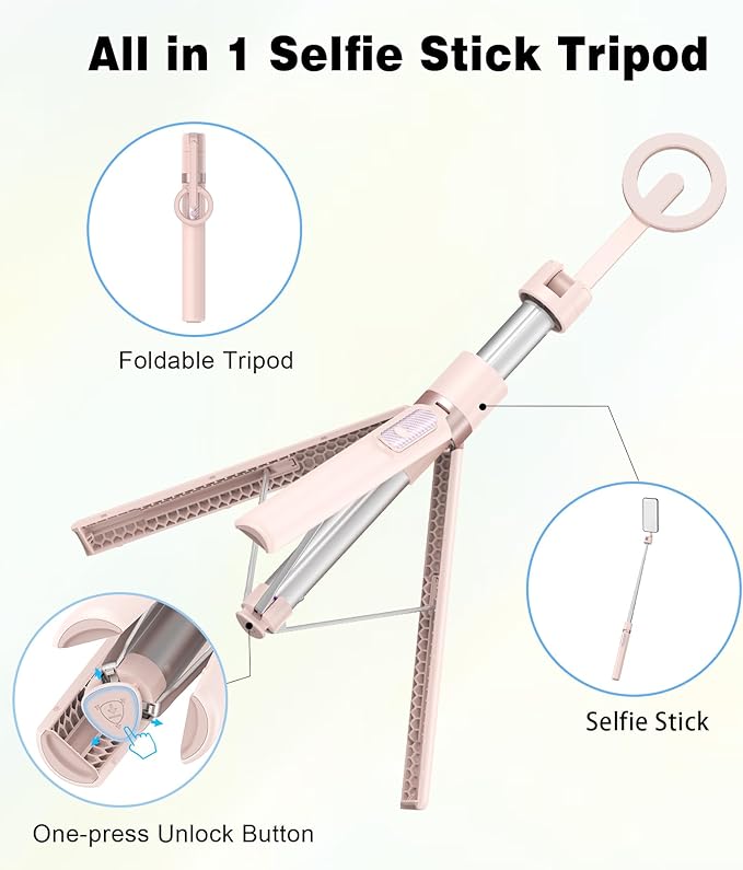 TONEOF 68" Magnetic Selfie Stick Tripod with Aluminum Strong Magnetic Holder for Magsafe, 360° Rotatable Travel Phone Tripod Stand with Metal Ring & Rechargeable Remote for iPhone/Android（Pink）