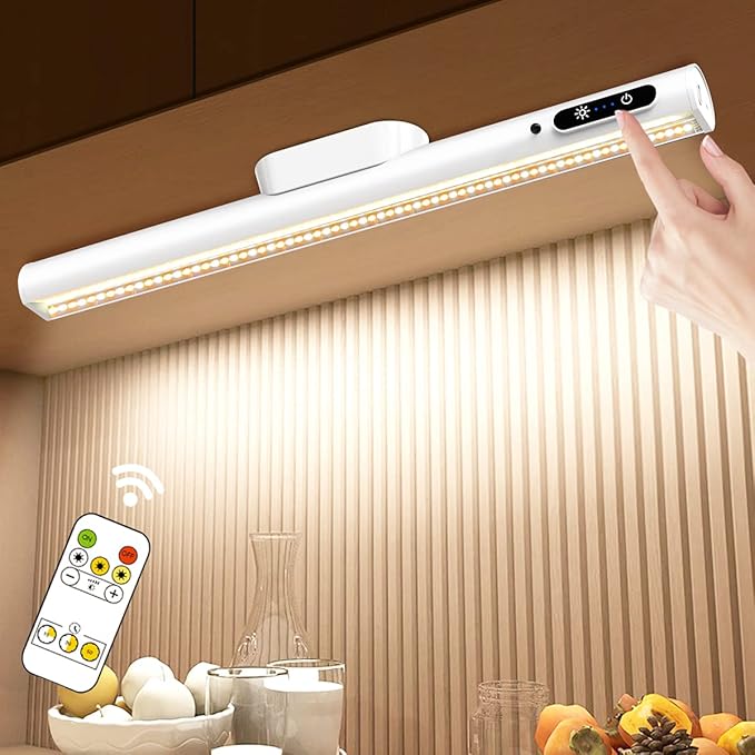 Hapfish Battery Powered Operated Wall Strip Lights, Rechargeable Magnetic LED Light Bar with Remote, Dimmable Desk Lamp, Under Cabinet Lighting Wireless for Mirror Closet Bathroom Kitchen – White