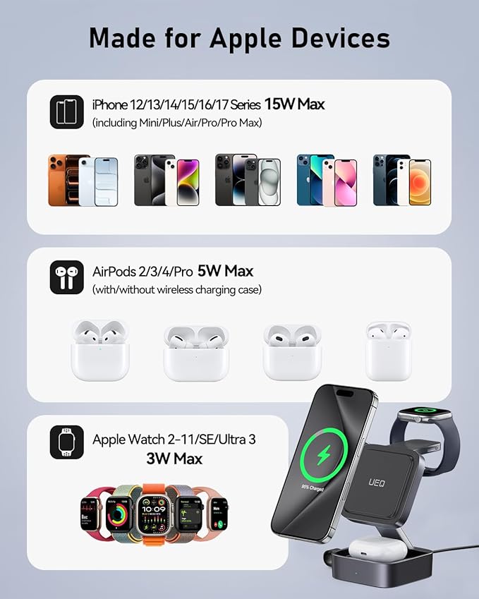 UEQ 3 in 1 Wireless Charging Station for Apple Devices,Compatible with MagSafe Charger Stand,Foldable Fast Travel Magnetic Wireless Charger for iPhone 17 Air 16 15 14 13 12,Apple Watch&AirPods Pro