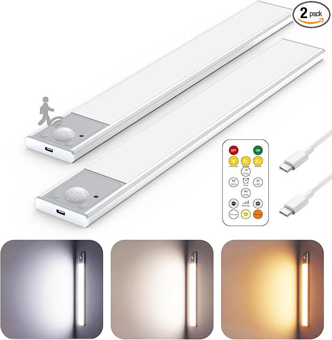 12" Ultra-Thin Under Cabinet Lighting Wireless, Aluminum Alloy Under Counter Lights for Kitchen, 3-Color-Temps Magnetic Closet Lights, Rechargeable Motion Sensor Light Indoor (2Pack, Silver)