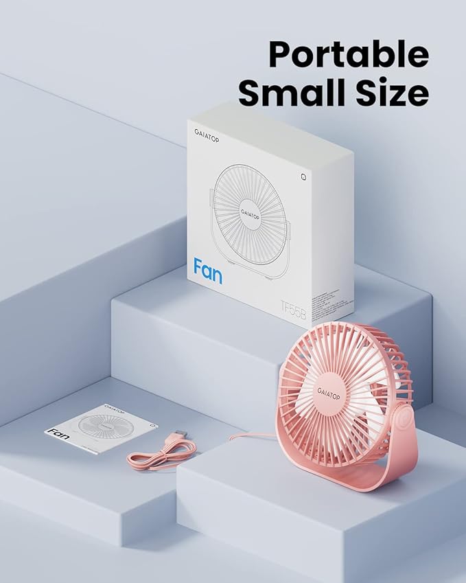Gaiatop USB Desk Fan, 3 Speeds Strong Airflow, 5.5 Inch Portable 90° Rotate Quiet Cooling, Small Personal Table Fans for Bedroom Home Office Travel Pink