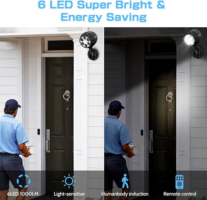 Wireless Battery Operated Motion Sensor Outdoor Light, 6 LED 1000LM LED Spotlights with Remote Control, IP65 Waterproof 6000K Motion Security Light for Garage Yard Porch and Patio