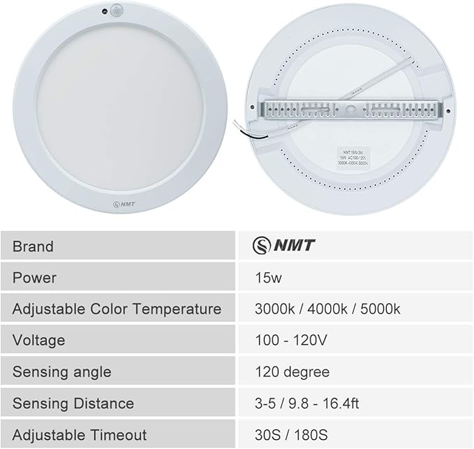 S NMT Motion Sensor LED Ceiling Light With 30s/180s Timeout Adjustable,15W 1500LM Round Panel Lighting Fixture For Stairs Toilet Closets,Warm White 3000K Natural White 4000K Cool White 5000K Available