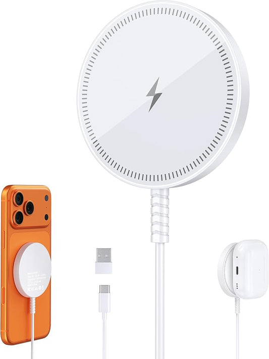 Magnetic Wireless Magsafe Charger iPhone: Charging Pad for iPhone 17/16/15/14/13/12 Series & AirPods Pro 4-2, Strong Magnet, Dual Ports, Case-Friendly, Lightweight for Travel Home Office Desk