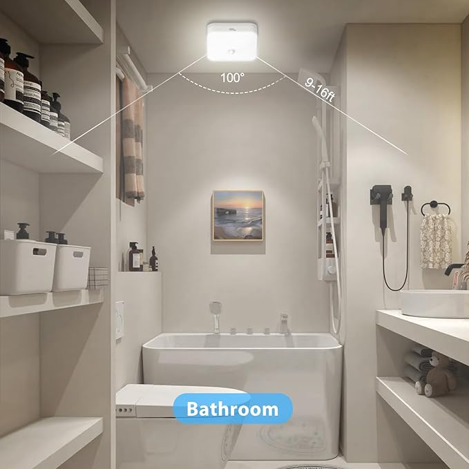 WhitePoplar Rechargeable Motion Sensor Closet Light, Rechargeable Battery Operated Ceiling Light Wireless, 500LM Wireless Motion Activated Light for Shower Stairs Hallway Pantry Porch Garage, 5000K