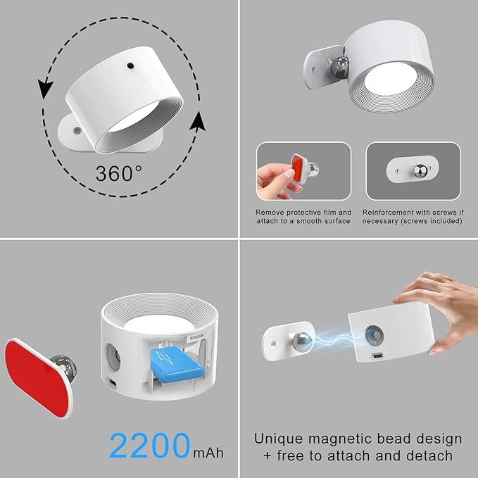Deyagoo 2PACK Romote LED Wall Sconce - Rechargeable Wall Light, 3 Colors & 3 Brightness Levels, 360° Magnetic Rotating Head, Bedside Reading Lamp, Easy Install Battery Operated Wall Lamp Black