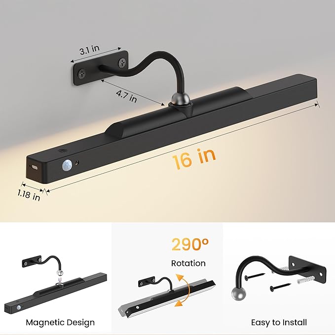 Picture Light for Wall Art Motion Sensor – 16'' Wireless and Dimmable Gallery Light, 5000mAh Battery Operated with Remote Control Art Light Over Frame Paintings and Artworks (Black)