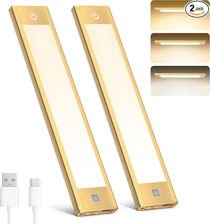 V4light Rechargeable Motion Sensor Under Cabinet Light, Magnetic LED Bar with 1500mAh, Gold Aluminum Accent Lighting, Dimmable 3 Color Temperatures for Kitchen Cabinets, Shelves & Closets (9 in)